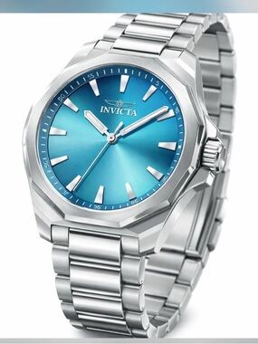 Invicta Silver Stainless Steel Watch with Turquoise Blue Sunburst Dial
